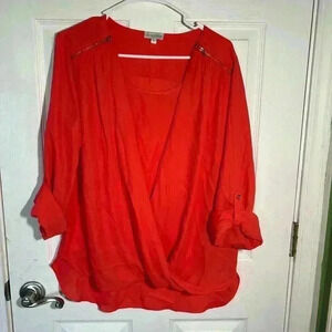Guess, drape front blouse with zipper shoulder embellishment. Size Large. Orange
